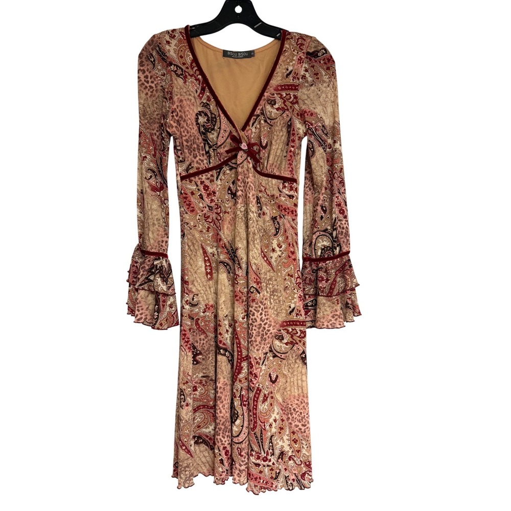 Bisou Bisou Michele Bohbot Paisley Leopard Print Velvet Trim Ruffle Dress Small